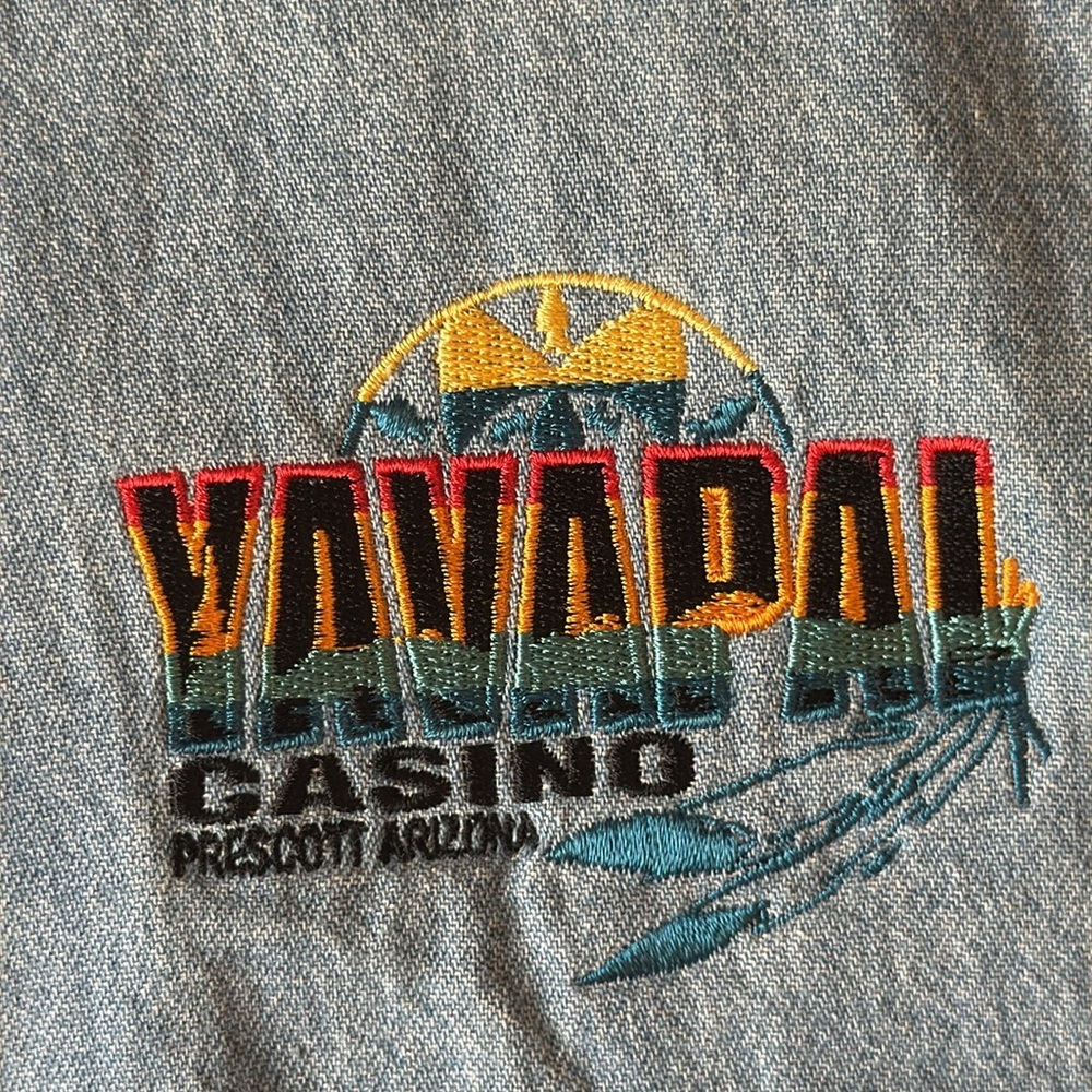 Men’s Denim Button Down Shirt Blue Short Sleeve Embroidered Graphic Arizona XL - Picture 3 of 11